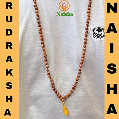 NAISHA Rudraksha Stretchable Bracelet & Rudraksha Mala 108+1 Beads Necklace 5 mukhi Paanch mukhi 5 face, Prayer Beads, Wrist Mala Wrap, Jaap Mala, Bracelet Bead Size 7 mm (Pack of 2)