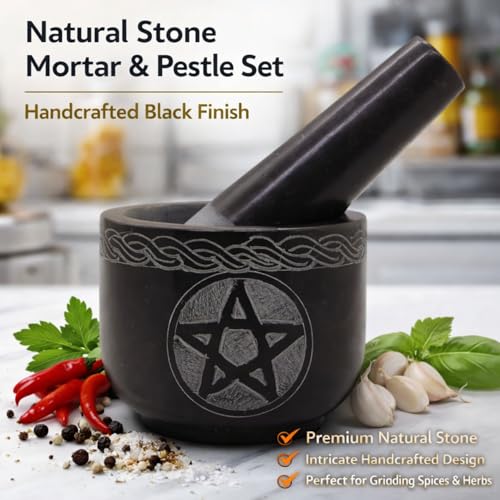 Mortar and Pestle Set Unique - Black Pestle and Mortar Bowl Solid Stone Grinder for Herbs Spice Guacamole Garlic Ginger Root
