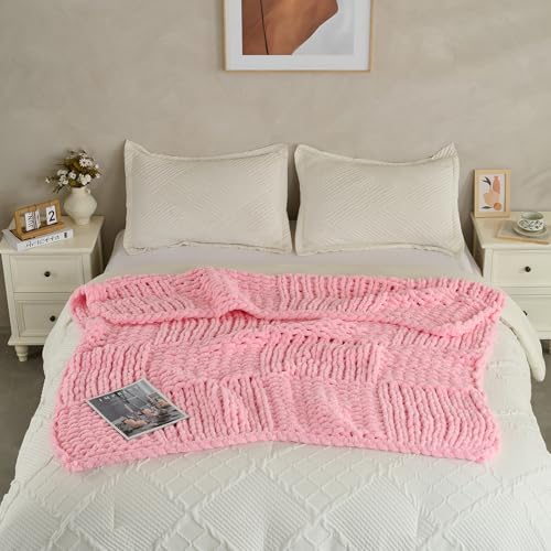 Chunky Knit Blanket Throw 50x60 Inches,Handmade Cable Knit Crochet Blanket,Cozy Lightweight All Season,Wrinkle-Resistant Polyester for Couch Bed Sofa Reading Nook, Beige,Pink - color: Pink