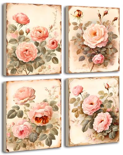 Framed Vintage Flowers Canvas Wall Art Pink Rose Wall Decor,Dark Academia Botanical Wall Art,Retro Floral Valentine Pictures Farmhouses Decor for Home Office Flower Artwork Set of 4 (8X10''in) - color: Framed-Vintage Flowers Wall Art