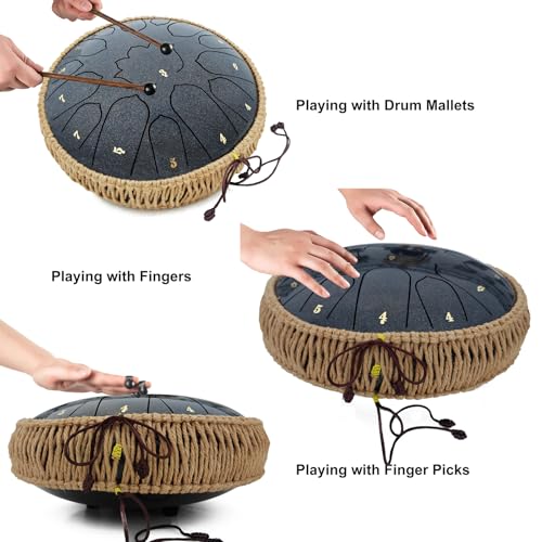 BETESINE 13-Inch 15-Note Steel Tongue Drum in C Major, Beginner-Friendly Meditation Drum with Mallets, Music Book, Finger Picks, Carry Bag & Note Stickers, Starry Black - color: Starry Black