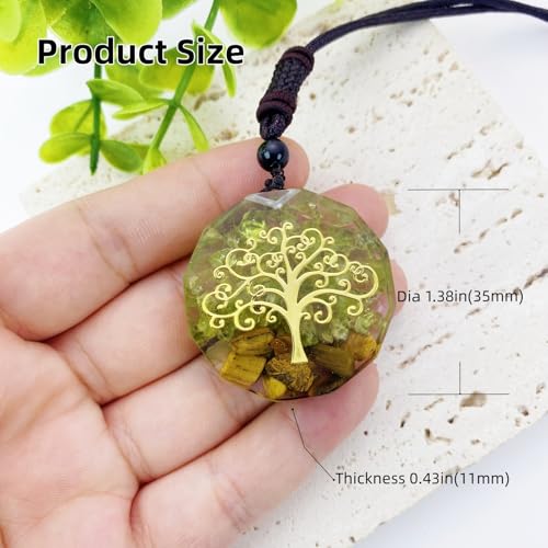 EDEN'S CALL Orgone Necklace, Tree of Life Orgonite Healing Crystal Stone Pendant Necklace for Spiritual Healing and Meditation Energy Talisman Sacred Geometry Tiger's Eye Necklaces - color: Clear Green/Peridot + Tiger's Eye