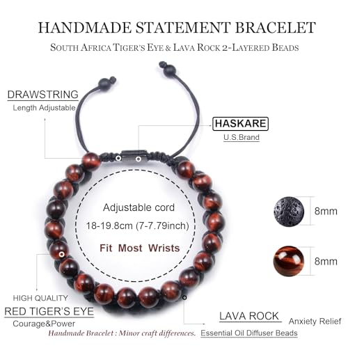 HASKARE Energy Beads Tiger Eye Bracelet for Men, Red Tiger Eye Beads Lava Stone Bracelets, Handmade Protection Crystal Bracelet Mens Jewelry Bracelets Father Christmas Gift for Stress Relief 8mm