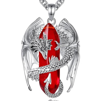 INFUSEU Unique Dragon Necklaces with Healing Crystal Stone for Men Women, Personalized Spiritual Gifts, 24 Inch Chain - color: Red