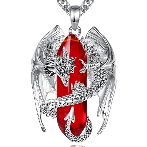 INFUSEU Unique Dragon Necklaces with Healing Crystal Stone for Men Women, Personalized Spiritual Gifts, 24 Inch Chain - color: Red