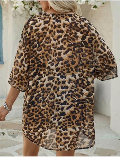 Chunoy Women Floral Beach Wear Cover Up Chiffon Kimono Cardigan Open Front Blouse Top - color: Brown Leopard, size: XX-Large