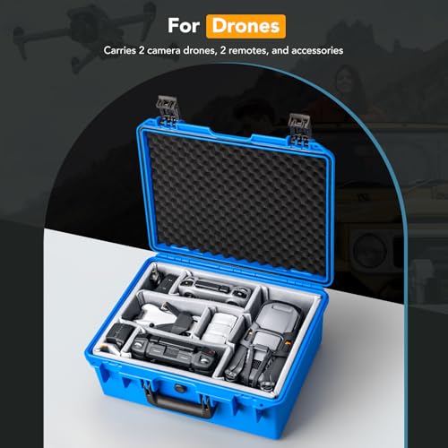 Lykus PVC1 Waterproof Hard Camera Case with Padded Dividers for Cameras, Lenses, Dual DJI Mavic/Air/Mini/Flip drones - color: Blue PVC1