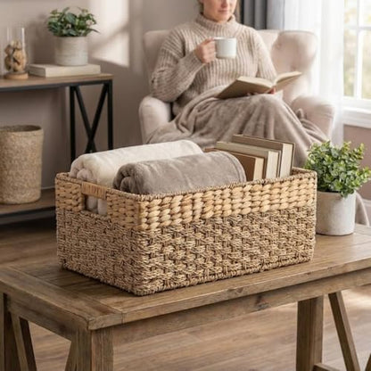 Large Wicker Storage Baskets with Handles, Natural Seagrass and Hyacinth Woven Storage Basket for Organizing Shelves, Closet, Pantry, Living Room, 17 x 11 x 7.5 Inches - size: Large - 17" x 11" x 7.5" in.
