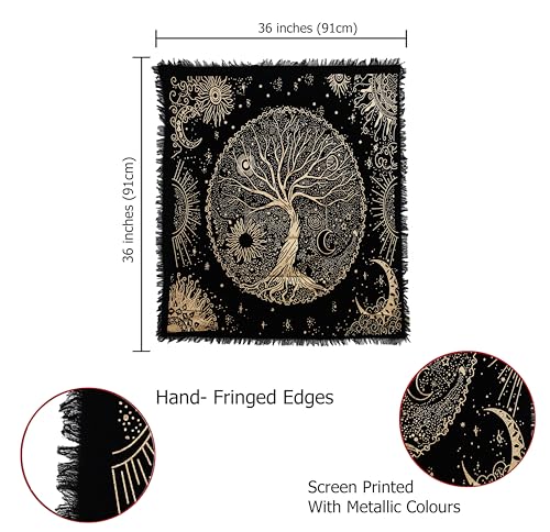 Indian Consigners Tree of Life Altar Cloth Tapestry Tablecloth Celtic Trees Ritual Spiritual Cloth for Sacred Places Cotton Square Tarot Table Cover 36 by 36 Sacred - color: Golden Celestical Dry Tree, size: 36" x 36" (Square)