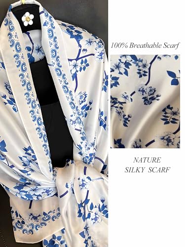 Large Shawl Scarf For Women Lightweight Wraps Silky Headscarf Long Sunscreen Scarfs - color: T8 Blue Plants / 70"x 35"