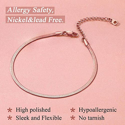 FindChic Elegant Herringbone Snake Chain Anklets/Bracelets 3MM/5MM Width Stainless Steel/18K Gold/Rose Gold Plated/Black 4 Color Options, 8.3'' 8.5'' 10.5'' Length, with Gift Box - color: A: 3mm 8.5'' anklet (Rose Gold Plated)