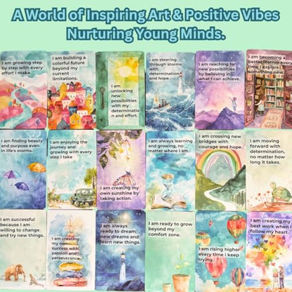 UHillMinerva Growth Mindset Affirmation Cards, 52 Watercolor Illustrated with Fixed vs Growth Comparison, Inspirational Cards for Teens Adults Parents Teachers Personal Development