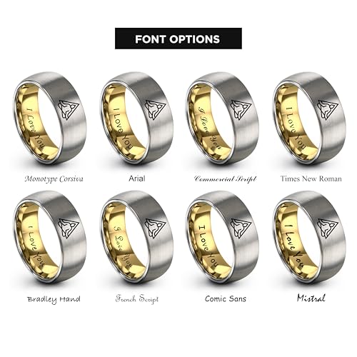 Gift for Yoga Fan - Yoga Meditation Ring - Flat Dome Bevel - Band - Men Women - Brushed Polished - Tungsten - Personalized Custom Engraving - 8mm - Anniversary Wedding - Yellow Rose Gold Silver - color: 02 - Yellow Gold Grey Tungsten