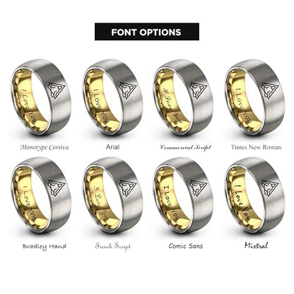 Gift for Yoga Fan - Yoga Meditation Ring - Flat Dome Bevel - Band - Men Women - Brushed Polished - Tungsten - Personalized Custom Engraving - 8mm - Anniversary Wedding - Yellow Rose Gold Silver - color: 02 - Yellow Gold Grey Tungsten