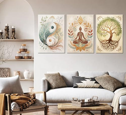 3 Pcs Tree of Life Canvas Wall Art Lotus Zen Painting Pictures Wall Decor Yin Yang Taichi Spiritual Prints Posters for Living Room Yoga Room Hotel Bedroom Home Decor 12x16in Framed - size: 16L"×12W" canvas
