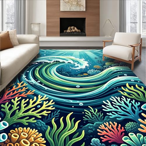 Design&I Low Pile Flatwoven Area Rug 6x9, Ocean Wave Sanctuary Tiles with Flowing Swirl, Machine Washable, Stain Resistant Indoor Rug for Living Room, Bedroom, Non Slip(Blue, 6x9) - color: Blue/Pattern 10, size: 6' x 9' (Rectangular)