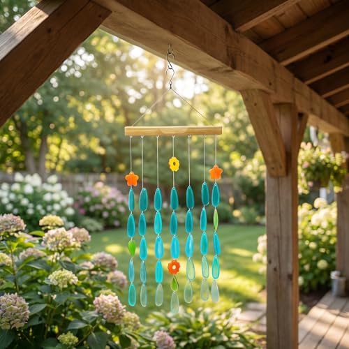 Topadorn Solar-Powered Teal Glass Wind Chime, Colorful LED Suncatcher with Star & Flower Accents, Outdoor Garden Patio Decor - color: Light Blue