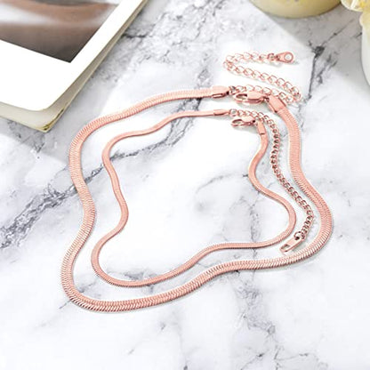 FOCALOOK 14K Gold Plated Necklaces for Women, Fashion Herringbone Choker Necklace Stainless Steel Flat Snake Chain 3/5MM(W) 12.5"/15"/18"+3.5"(L) - color: 5MM-15"&3MM-12.5" Layered-Rose Gold