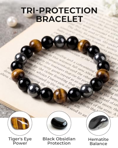 Triple Protection Bracelet for Men & Women - Natural Tiger Eye, Black Obsidian & Hematite Beaded Bracelet - 10mm Healing Crystals for Luck, Prosperity & Spiritual Protection - Meaningful Gift - color: Colorful (Set 66)