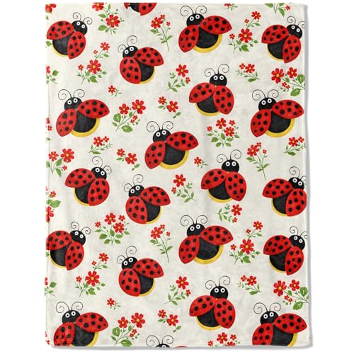 Cute Ladybug Flower Fleece Blanket,Bright Floral and Lady Bug Blankets,Soft and Warm Decorative Throws for Sofa,Car,Camping,Lightweight Throw Gifts for Nature Lovers Teen Girls Women 40”x50” - color: Ladybug, size: 40x50 inch