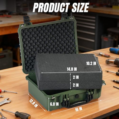 Jack Boss 16x 12.8x 6.8 Inch Hard Case, Portable Weather Waterproof Protective Camera Case with Customizable Foam, Fit Use of Drones, Camera, Equipments, Green - color: GREEN, size: 16x12.8x6.8 in