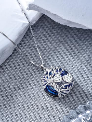 TOUPOP s925 Sterling Silver Family Celtic Tree of Life Pendant Necklaces with 2 Heart Birthstone with Blue Austrian Crystal Jewelry Birthday Valentines Day Gifts for Her, Anniversary Christmas Gifts for Wife Girlfriend Mom (18K Real White Gold Filled) - c