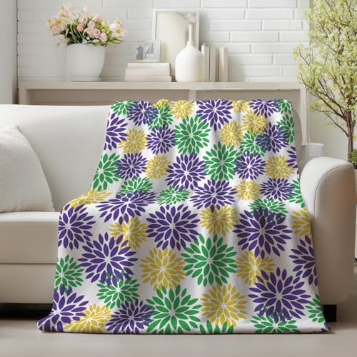Horaldaily Green Yellow Purple Dahlia Pinnata Flannel Blanket Throw, Happy Mardi Gras Soft Fuzzy Plush Cozy Fleece Blanket for Couch Sofa Bed Lounging, Ideal Gifts for Kids Adults Self, 50x60 - color: Green Yellow Purple, size: Throw(50x60'')