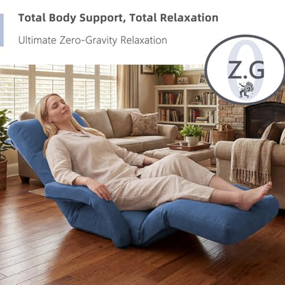 Adjustable Floor Gaming Chair for Adults with Armrests & Adjustable Footrest, 14-Position Folding Chaise Lounge Sofa for Living Room, Bedroom, Balcony (Blue) - color: Blue