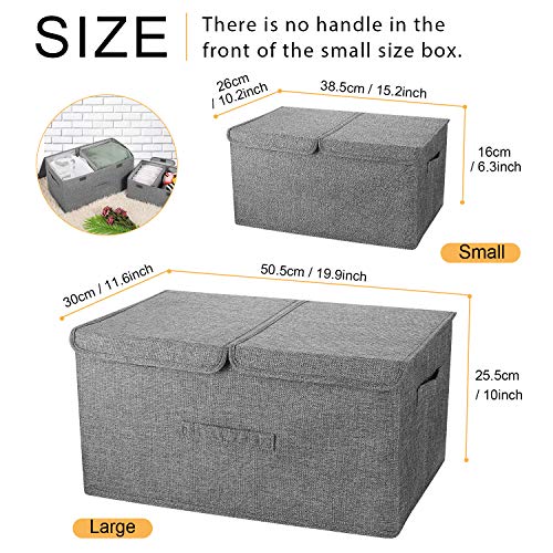 2 Pack Large Storage Boxes with Lids and Handles, Collapsible Linen Storage Bins Organizer Containers Baskets Cube with Removable Divider for Home Bedroom Closet Office (Cream, Small)