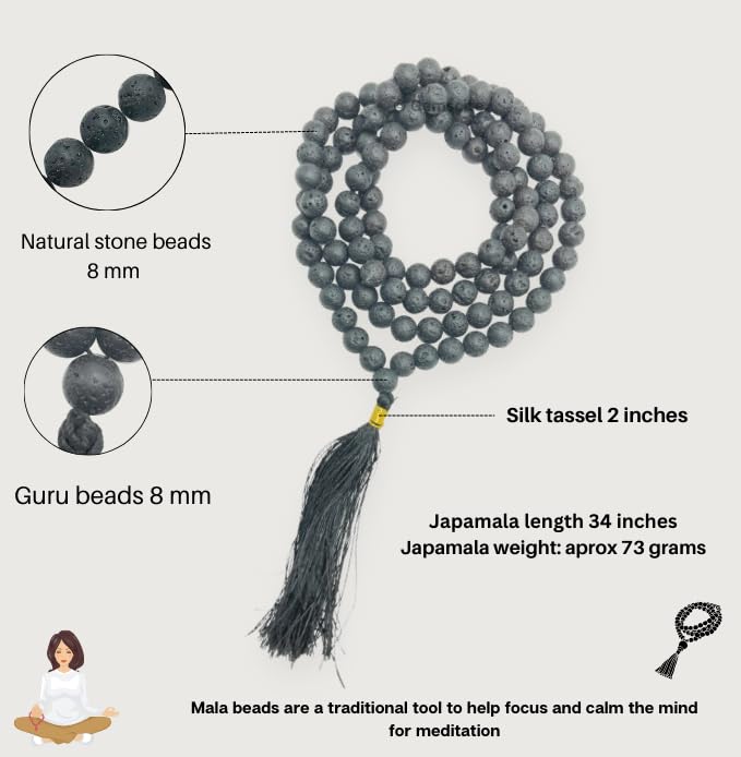 GEMSCITE Japa Mala 108 Prayer Beads Perfect for Meditation Spiritual Mala Necklace & Wrist Mala Bracelet - color: Lava, size: Without Knots