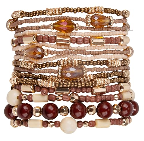 SPUNKYsoul Beaded Stretch Bracelet Set – Multi-Piece Stackable Fashion Bracelet Collection, Elastic Fit, Minimalist Boho Jewelry for Everyday Wear - style: Brown & Gold