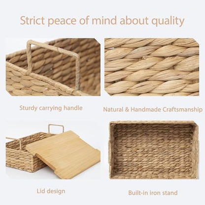 Handmade Water Hyacinth Woven Storage Basket with Lid, Multi - Functional Wicker Organizing Baskets (Large) - size: Large (Single)