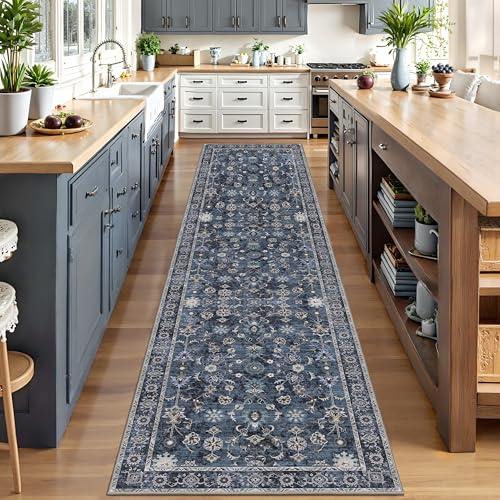 Tangsoo 2.6x14 Washable Long Runner Rug for Hallway Non Slip, Boho Floral Vintage Carpet Runner Rugs for Entryway Kitchen, Floor Low Pile Runners for Laundry Bedroom Alfombra Blue Black Farmhouse - color: Distressed Blue Black, size: 2'6" X 14' (Runner)