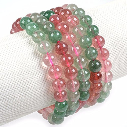 Justinstones Gem Semi Precious Gemstone 8mm Round Beads Stretch Bracelet 7 Inch Unisex - color: Multi-color Strawberry Quartz