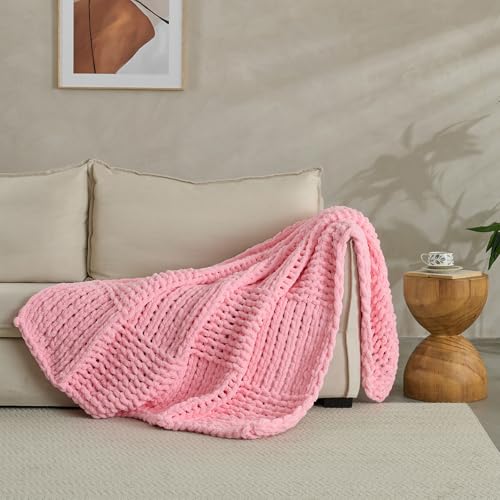 Chunky Knit Blanket Throw 50x60 Inches,Handmade Cable Knit Crochet Blanket,Cozy Lightweight All Season,Wrinkle-Resistant Polyester for Couch Bed Sofa Reading Nook, Beige,Pink - color: Pink