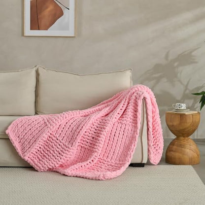Chunky Knit Blanket Throw 50x60 Inches,Handmade Cable Knit Crochet Blanket,Cozy Lightweight All Season,Wrinkle-Resistant Polyester for Couch Bed Sofa Reading Nook, Beige,Pink - color: Pink