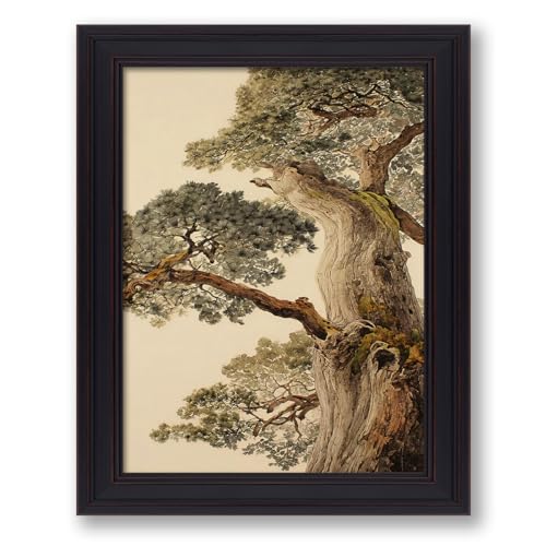 Ancient Pine Tree Wall Art 12x16 Inch Vintage Framed Japanese Nature Botanical Poster Asian Calm Forest Canvas Painting Vintage Oriental Zen Wall Decor - color: Beige, size: 16"L x 12"W, style: Vintage Framed
