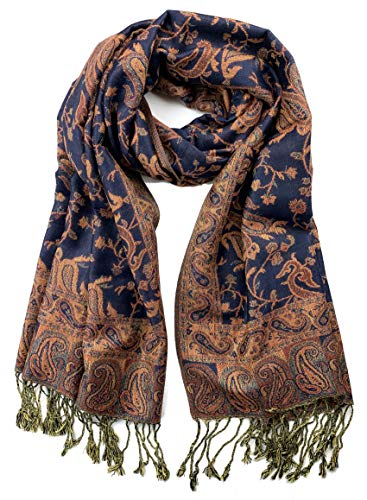 Plum Feathers Tapestry Ethnic Paisley Pattern Pashmina Shawl Scarf, Womens Pashmina Shawl Wrap with Fringes - color: Navy Orange Floral Paisley