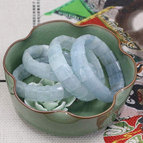 Keleny Gemstones Semi Precious 15mm Square Grain Faceted Beaded Stretch Bangle 7.5 Inch Unisex - color: Blue Aquamarine