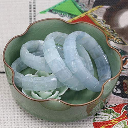 Keleny Gemstones Semi Precious 15mm Square Grain Faceted Beaded Stretch Bangle 7.5 Inch Unisex - color: Blue Aquamarine