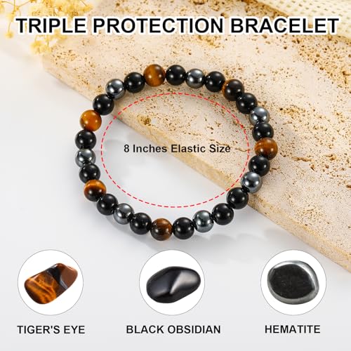 Gnamy Crystal Bracelet Gifts for Men Him- Triple Protection Hematite Black Obsidian Tiger Eye Gemstone Beaded Bracelets Birthday Healing Jewelry Gifts - style: Style 6