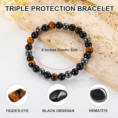 Gnamy Crystal Bracelet Gifts for Men Him- Triple Protection Hematite Black Obsidian Tiger Eye Gemstone Beaded Bracelets Birthday Healing Jewelry Gifts - style: Style 6