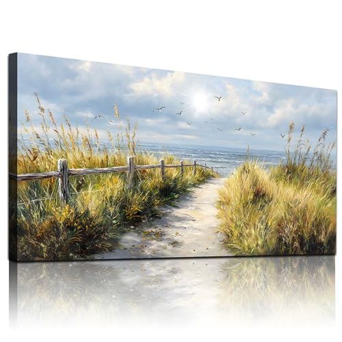WLWBINTING Beach Wall Art Large Ocean Wall Decor For Living Room Bedroom Wilderness Reeds Landscape Wall Art Canvas Prints Paintings Nature Pictures For Bathroom Mural Office Modern Home Decor - color: Seaside Reeds Painting, size: 48"L x 24"W