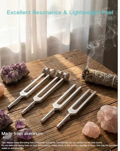Tuning Forks for Healing Set - 128Hz, 136.1Hz, 256Hz, 384Hz for Stress Relief, Anxiety & Sleep, Healing Crystal Stone - Zen Tools, Mindfulness Yoga Accessories - Spiritual Gift