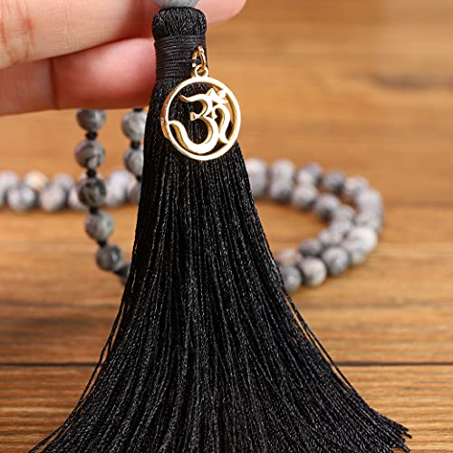 COAI OM Charm Hand Knotted Tassel 108 Mala Beads Necklace - color: Map Jasper, size: 8mm