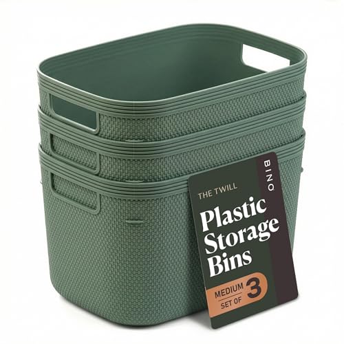 BINO | Plastic Storage Bins, 5.5 Liter - 3 Pack, Desert Green | THE TWILL COLLECTION | Plastic Bins for Organization | Woven Storage Baskets for Organizing Pantry Shelf Organizer Basket Container Bin - color: Desert Green, size: 5.5L | 3-Pack