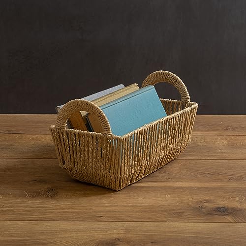 Simplify Small Shelf Storage Basket | Dimensions: 11.4"x 6.5"x4.5" | 2 Carry Handles | Vertical Weave Design | Paper Rope Material | Great for Living Spaces | Great For Storage and Display