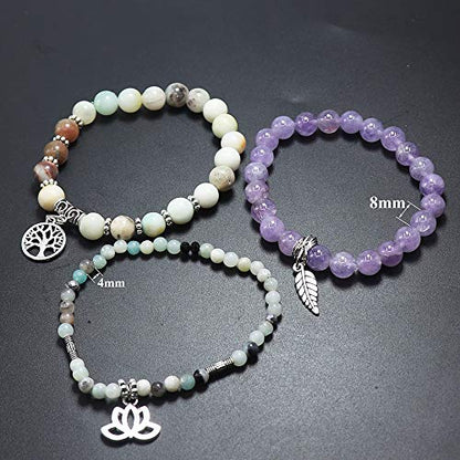 Tree of Life Yoga Healing Stone Bracelets,Multilayer Lotus Chakra Stone Reiki Bracelet Sets,Anxiety Crystal Natural Stone,for Women Stress Relief - style: Amazon stone + Amethyst