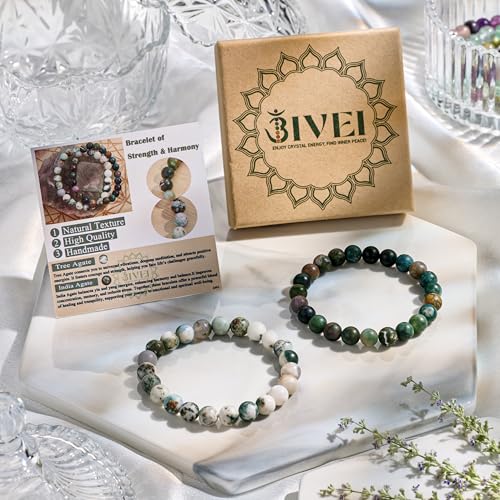 Bivei Natural Gemstone Semi Precious Healing Crystals Handmade Stretchy Round Beads Bracelet,Stocking Stuffers for Women Enhance Positive Energy - color: 8mm Tree Agate & India Agate (Strength & Harmony), size: Large: 8-8.26 inch