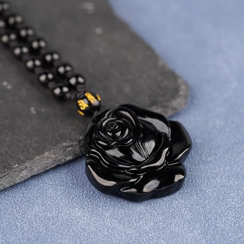 Black Obsidian Necklace Natural Crystal Amulet Protection Pendant with Adjustable Rope Lucky Talisman Necklaces Jewelry Gift for Men Women - color: Rose Beaded Rope